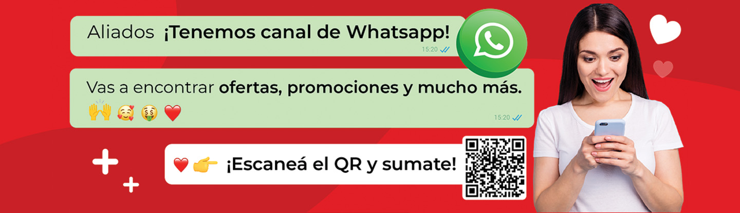 Aliados ¡Tenemos canal de Whatsapp! Vas a encontrar ofertas, promociones y mucho más. ¡Escaneá el QR y sumate! 